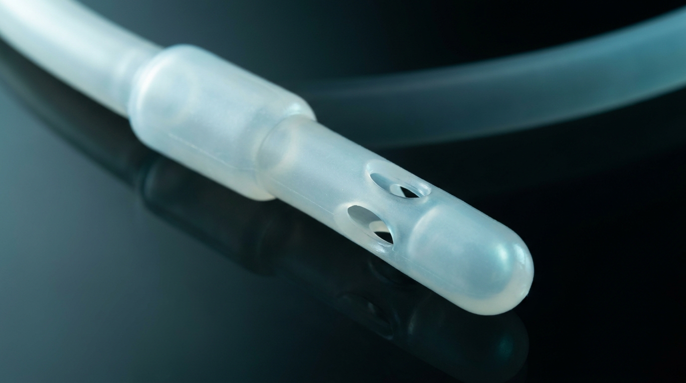 Spitze eines transparenten Silikon-Harnkatheters mit zwei Drainageaugen auf dunklem Glas