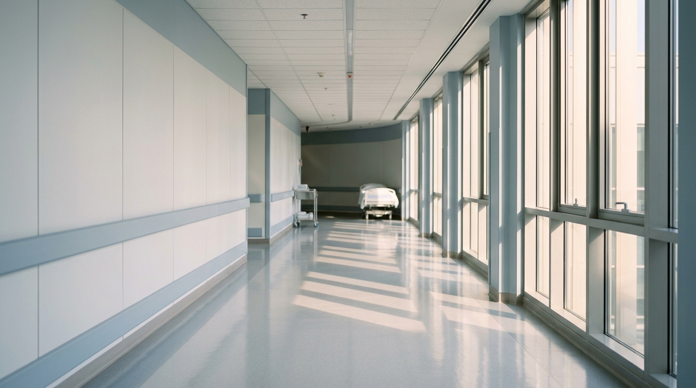 Leerer, heller Klinikflur am Morgen, Sonnenlicht fällt durch hohe Fenster auf den Boden