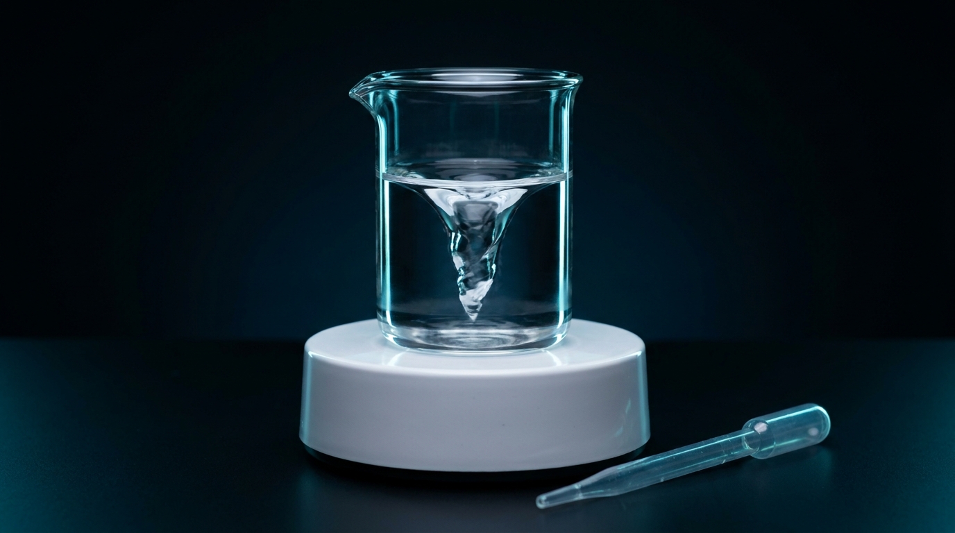 Becherglas mit klarer, leicht viskoser Lösung im Wirbel auf einem Magnetrührer, daneben eine Pipette