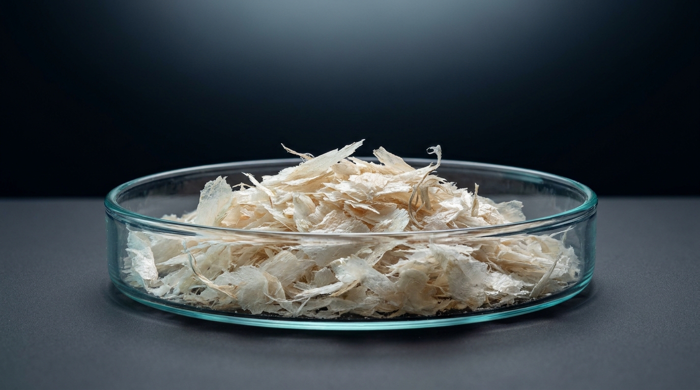 Gebrochen-weiße, faserige Chitin-Flocken in einer Petrischale