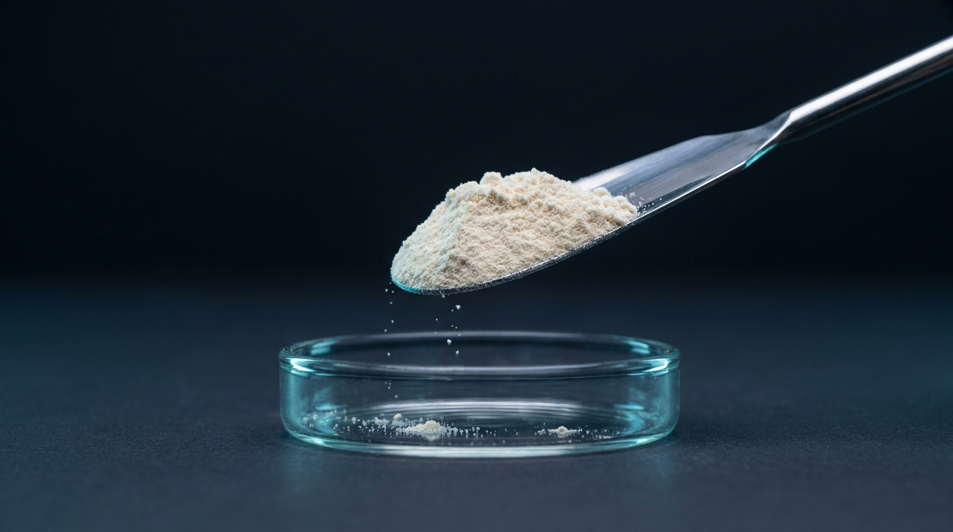 Feines, cremefarbenes Chitosan-Pulver auf einem Laborspatel über einer Wägeschale