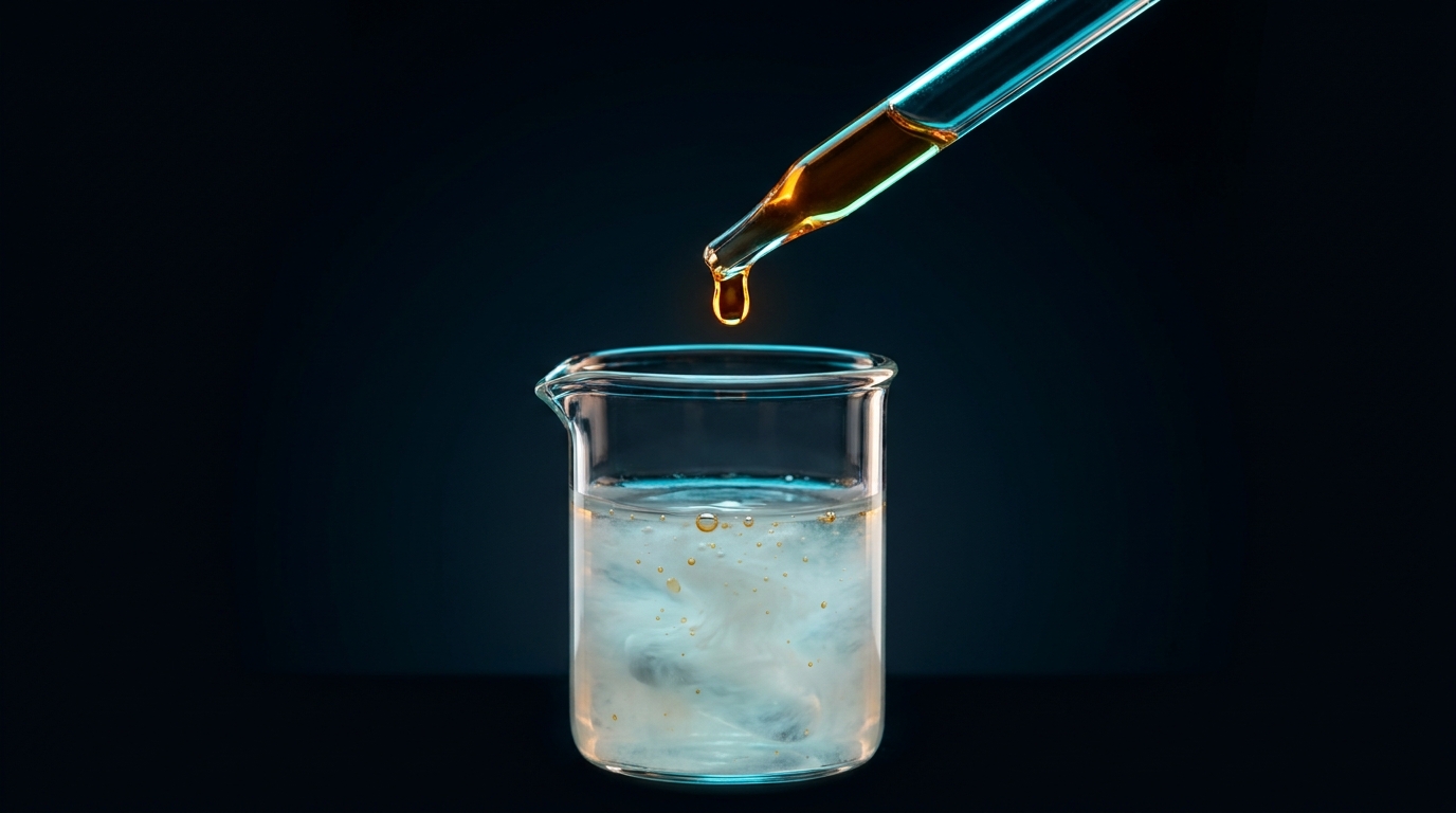 Bernsteinfarbener Tropfen Pflanzenextrakt fällt aus einer Pipette in eine gerührte, milchig-weiße Emulsion