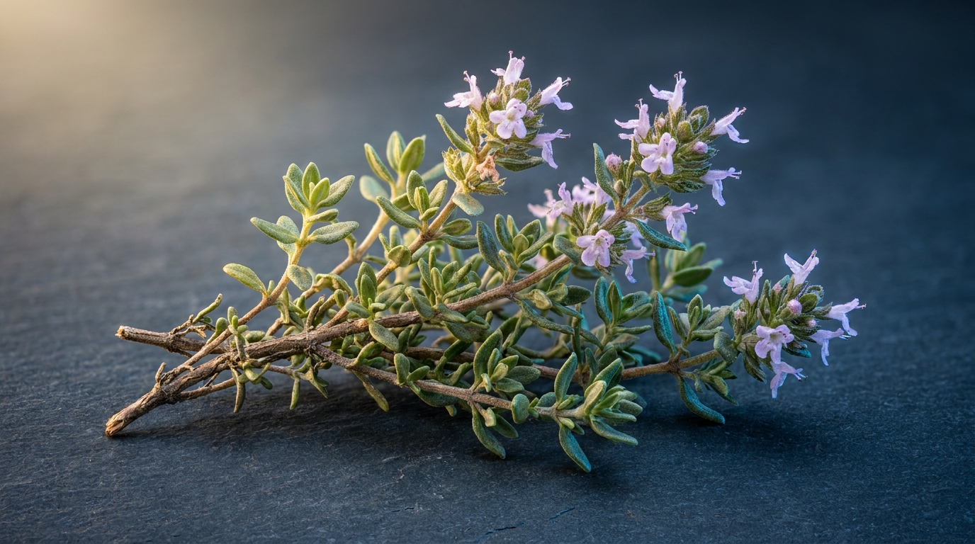 Frische Thymianzweige mit kleinen graugrünen Blättern und blasslila Blüten vor dunklem Schiefergrund