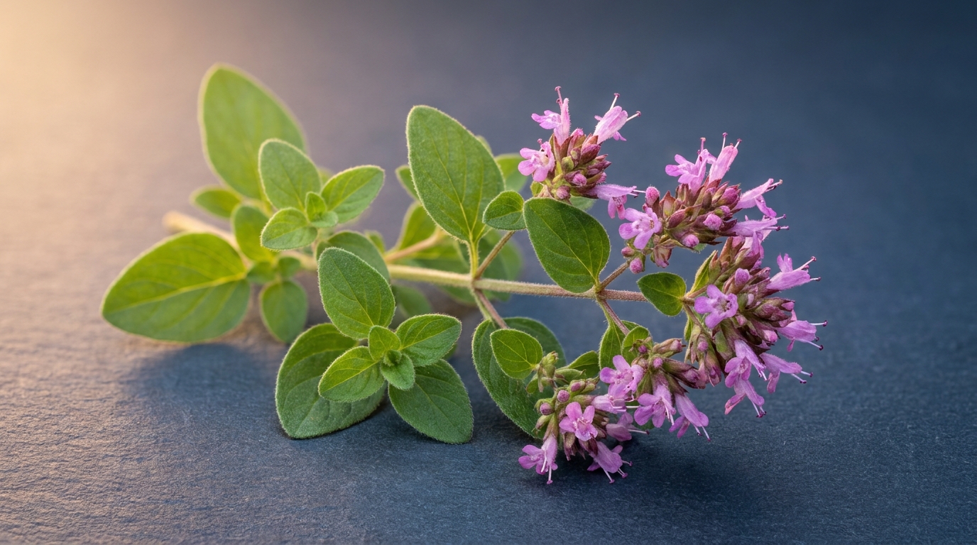 Oreganozweig mit ovalen Blättern und rosa-violetten Blütenständen vor dunklem Schiefergrund