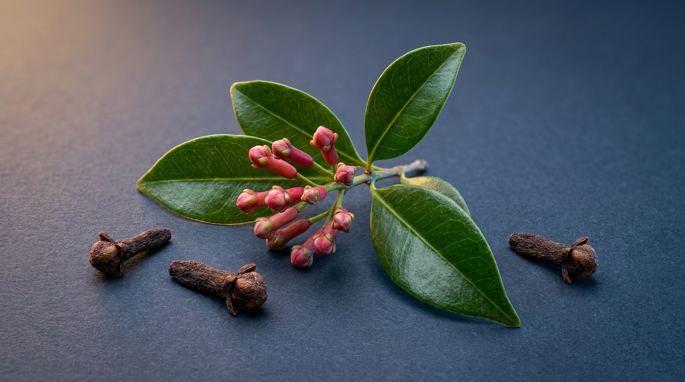 Zweig des Gewürznelkenbaums mit rosa Knospen, daneben getrocknete Gewürznelken, vor dunklem Schiefergrund