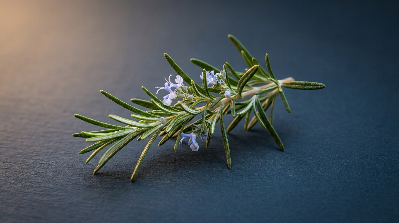 Rosmarinzweig mit schmalen, nadelartigen Blättern und hellblauen Blüten vor dunklem Schiefergrund