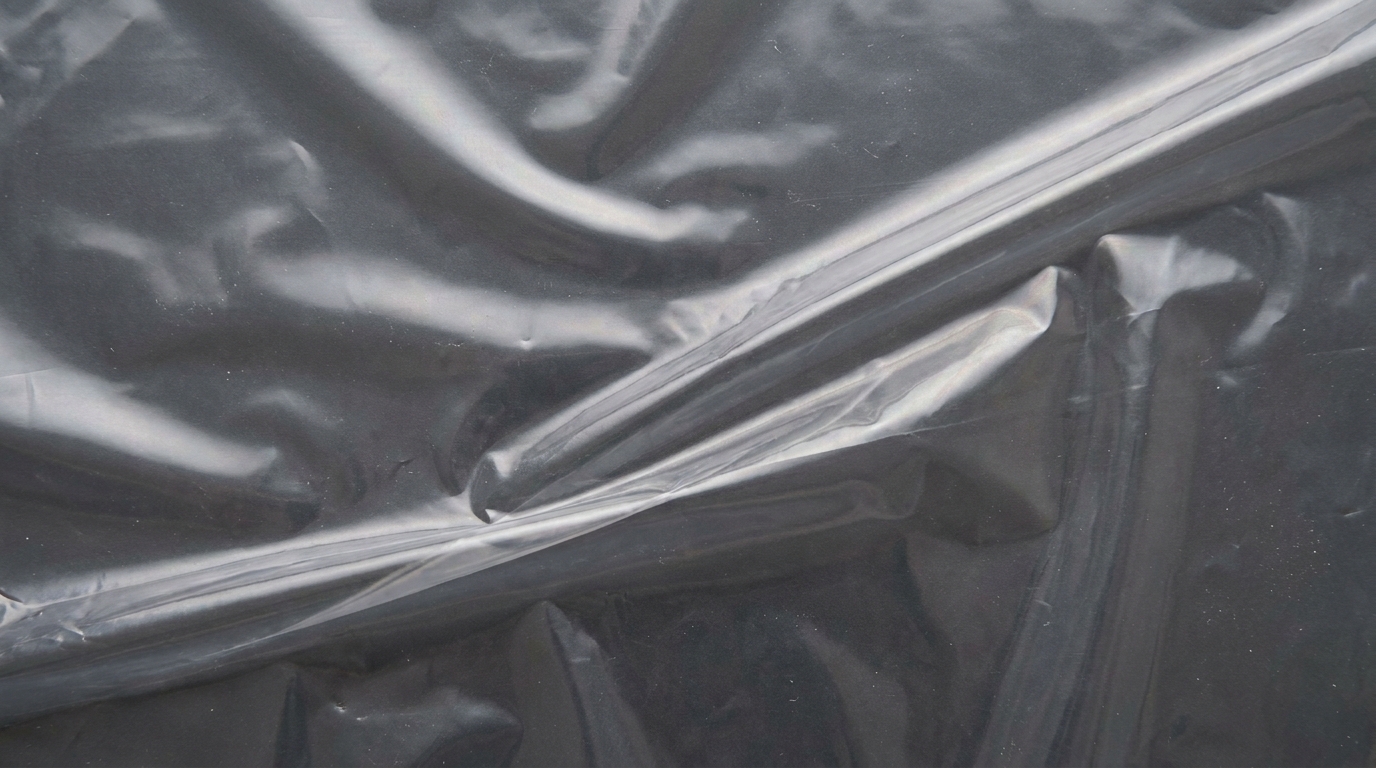 Transparente Mehrschichtfolie in weichen Falten auf dunkelgrauem Grund