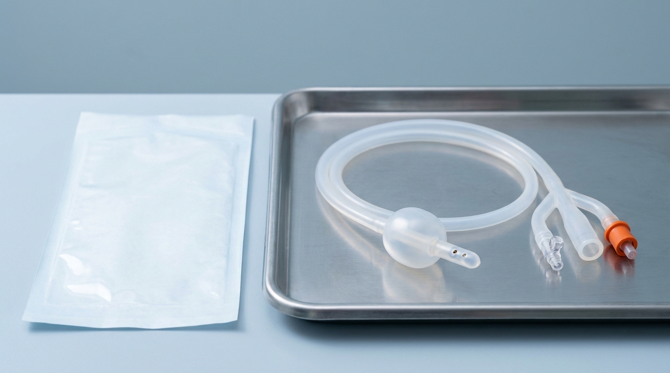 Transparenter Zwei-Wege-Foley-Katheter aus Silikon, aufgerollt auf einer Edelstahlschale neben einem Sterilbeutel