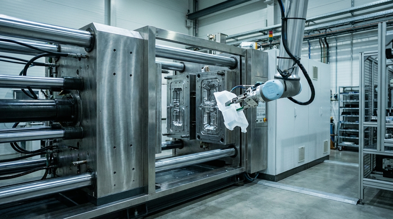 Spritzgießmaschine mit geöffnetem Werkzeug, ein Robotergreifer entnimmt ein weißes Kunststoffteil
