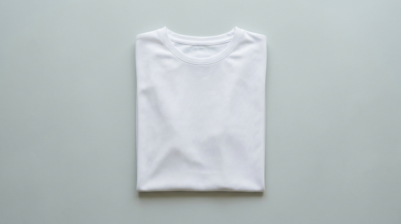 Gefaltetes schlichtes weißes Funktionsshirt ohne Logo auf hellgrauem Grund, Draufsicht