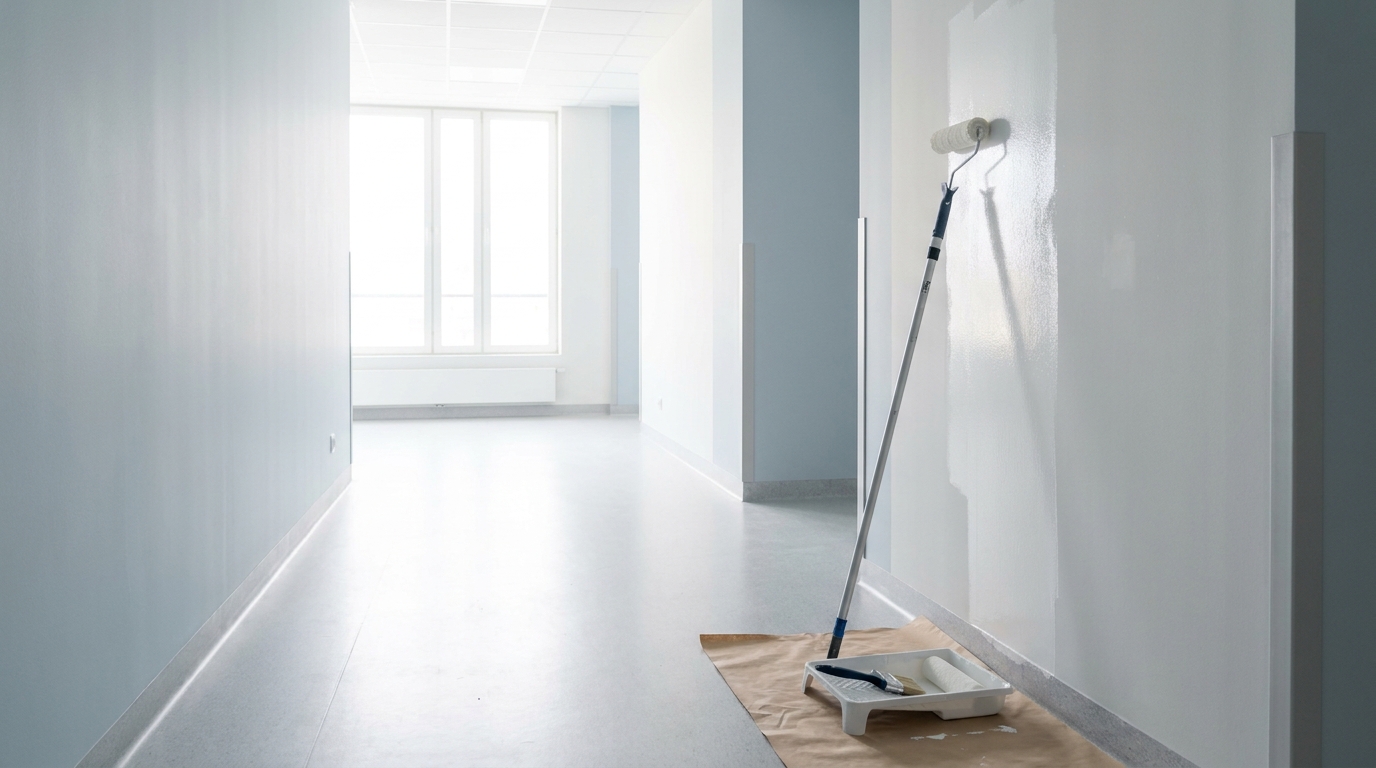 Frisch gerollter Streifen matter weißer Farbe in einem hellen Klinikflur, Farbrolle an Teleskopstange an der Wand