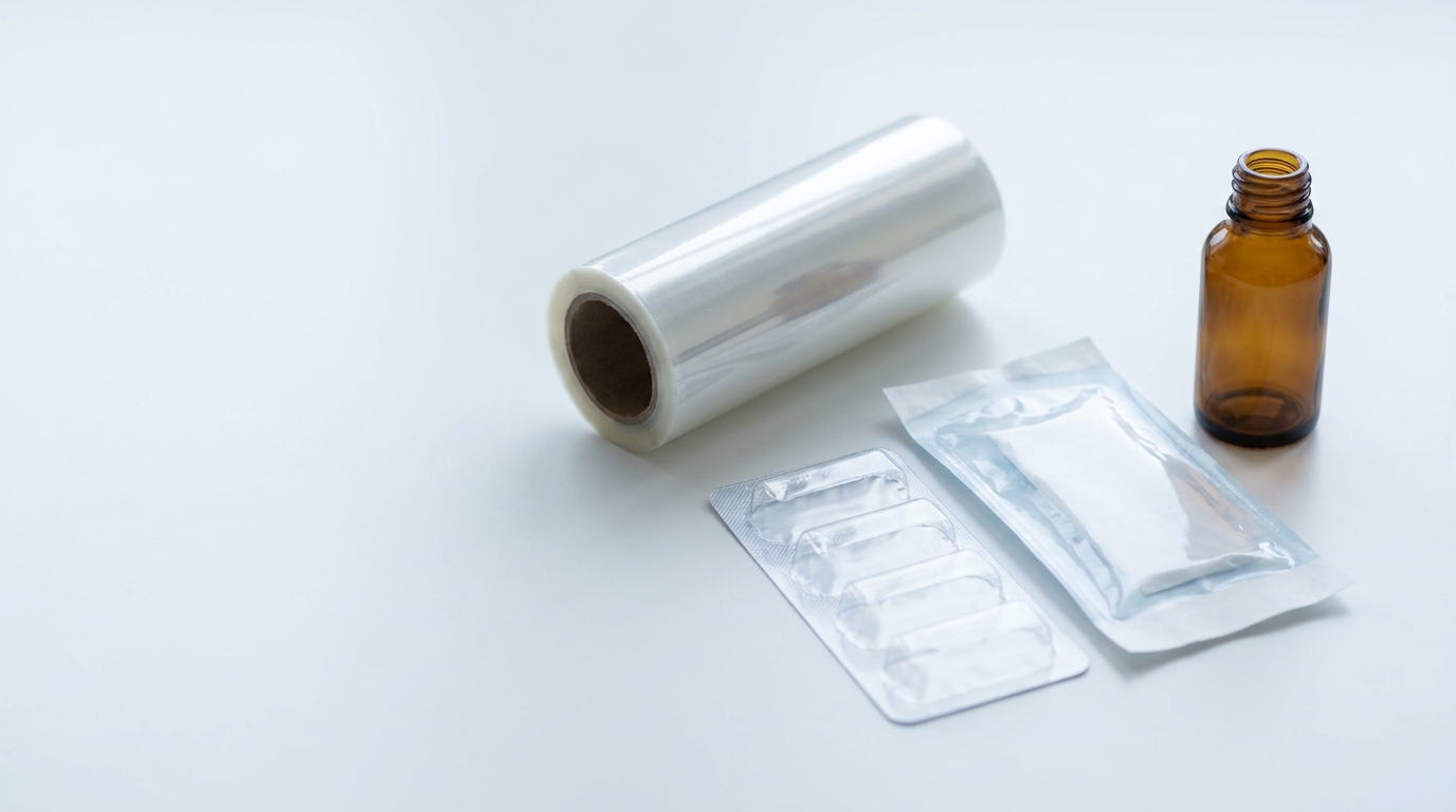 Teilweise abgerollte klare Mehrschichtfolie, leerer Blister, Sterilbarriere-Beutel und Braunglasflasche ohne Etikett