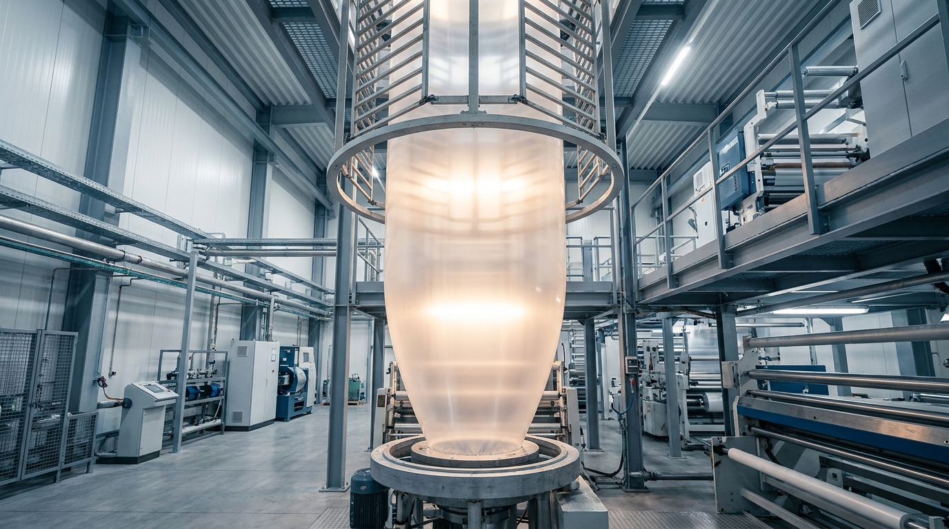 Blasfolienanlage in einer Produktionshalle, ein klarer Folienschlauch steigt zum Flachlegegestell auf