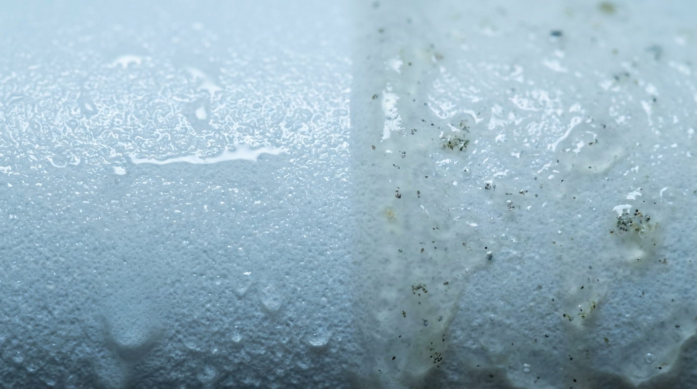 Makroaufnahme einer Membranoberfläche mit Wasserfilm, rechts ein dünner schleimiger Belag