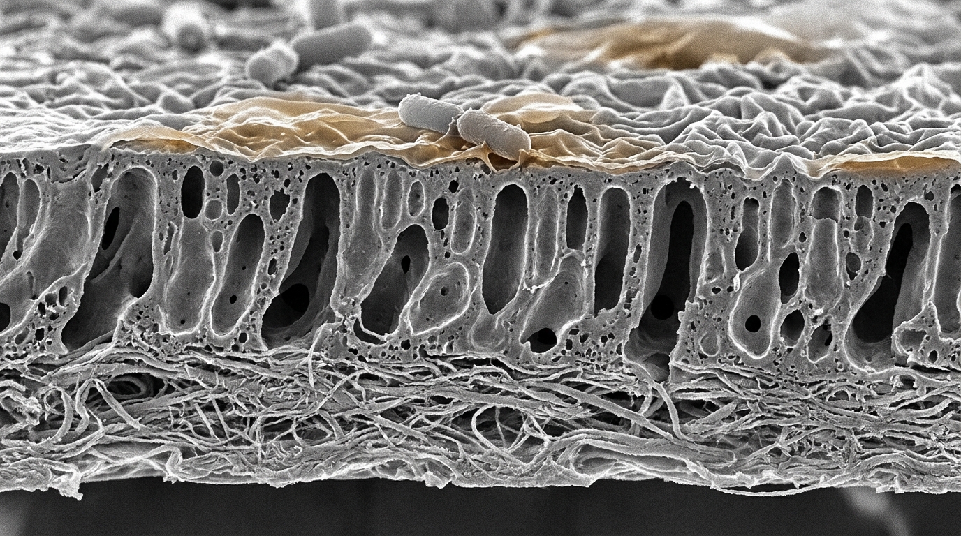 Querschnitt einer Dünnfilm-Verbundmembran im REM-Stil: Vlies, Polysulfon, Polyamid, oben Bakterien und Biofilm