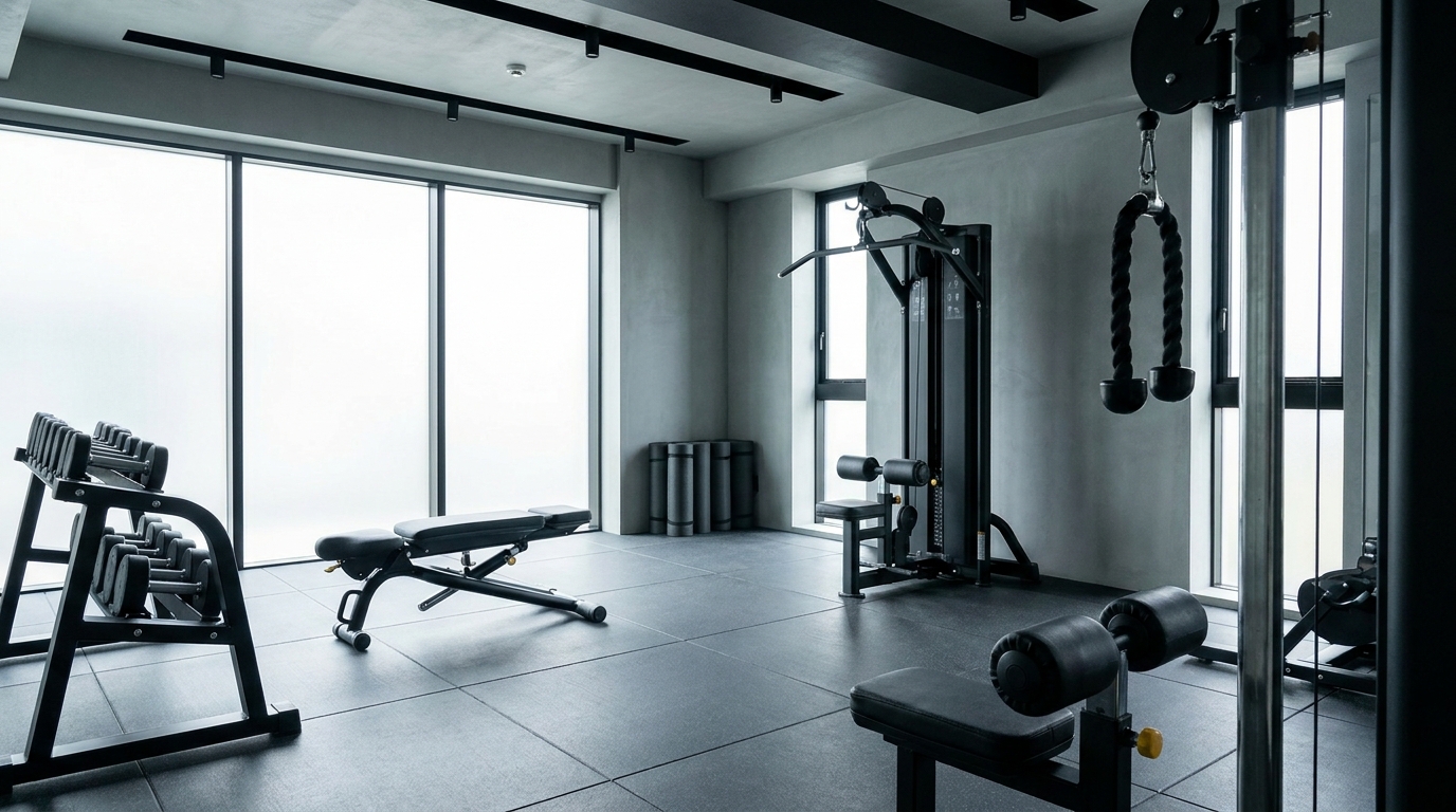 Leerer Fitnessraum mit Hantelablage, verstellbarer Bank, Kabelzug mit Griffen, Gummiboden und gerollten Matten