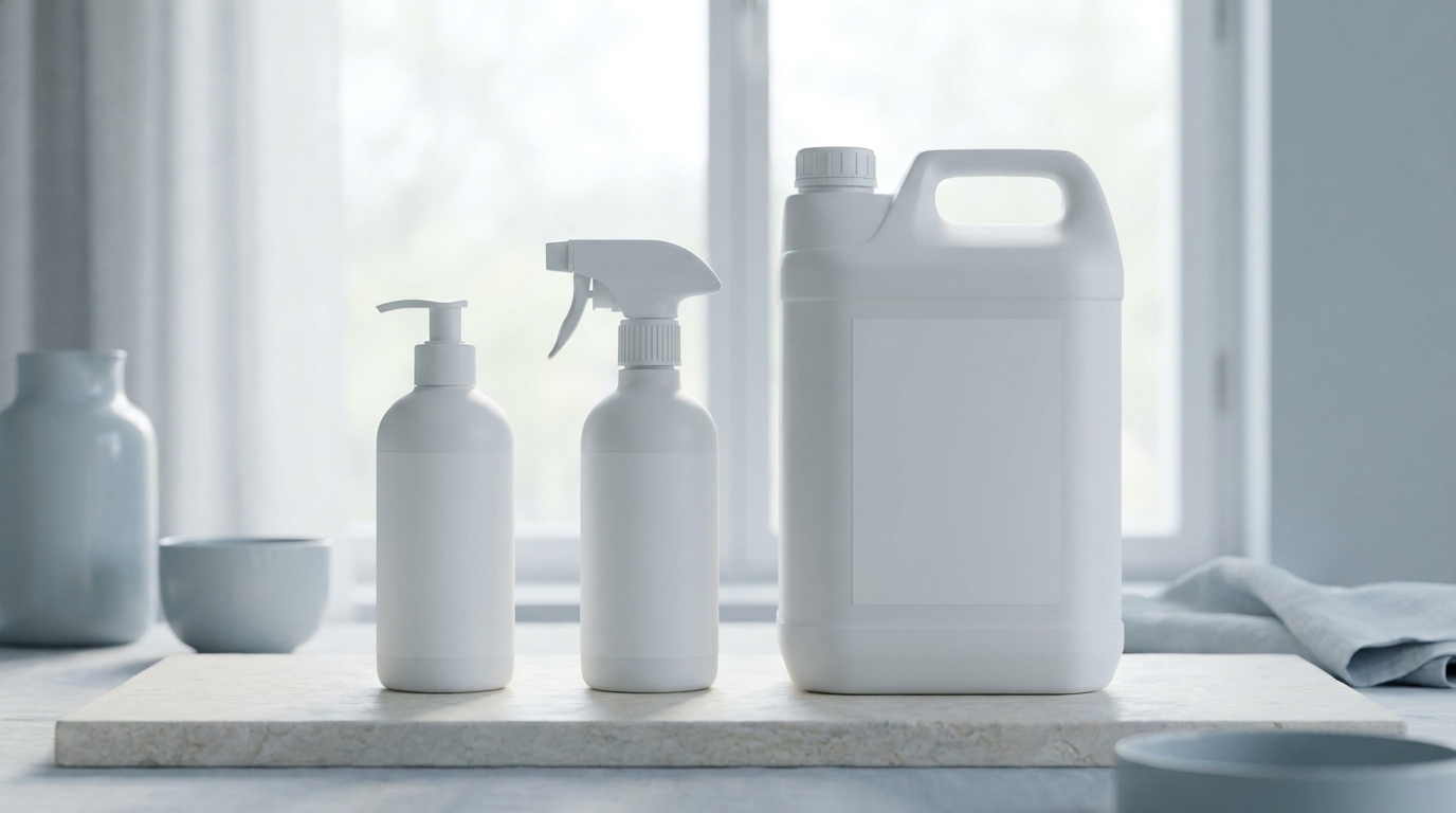 Weiße Pumpflasche, Sprühflasche und 5-Liter-Kanister mit leeren Etiketten auf hellem Grund