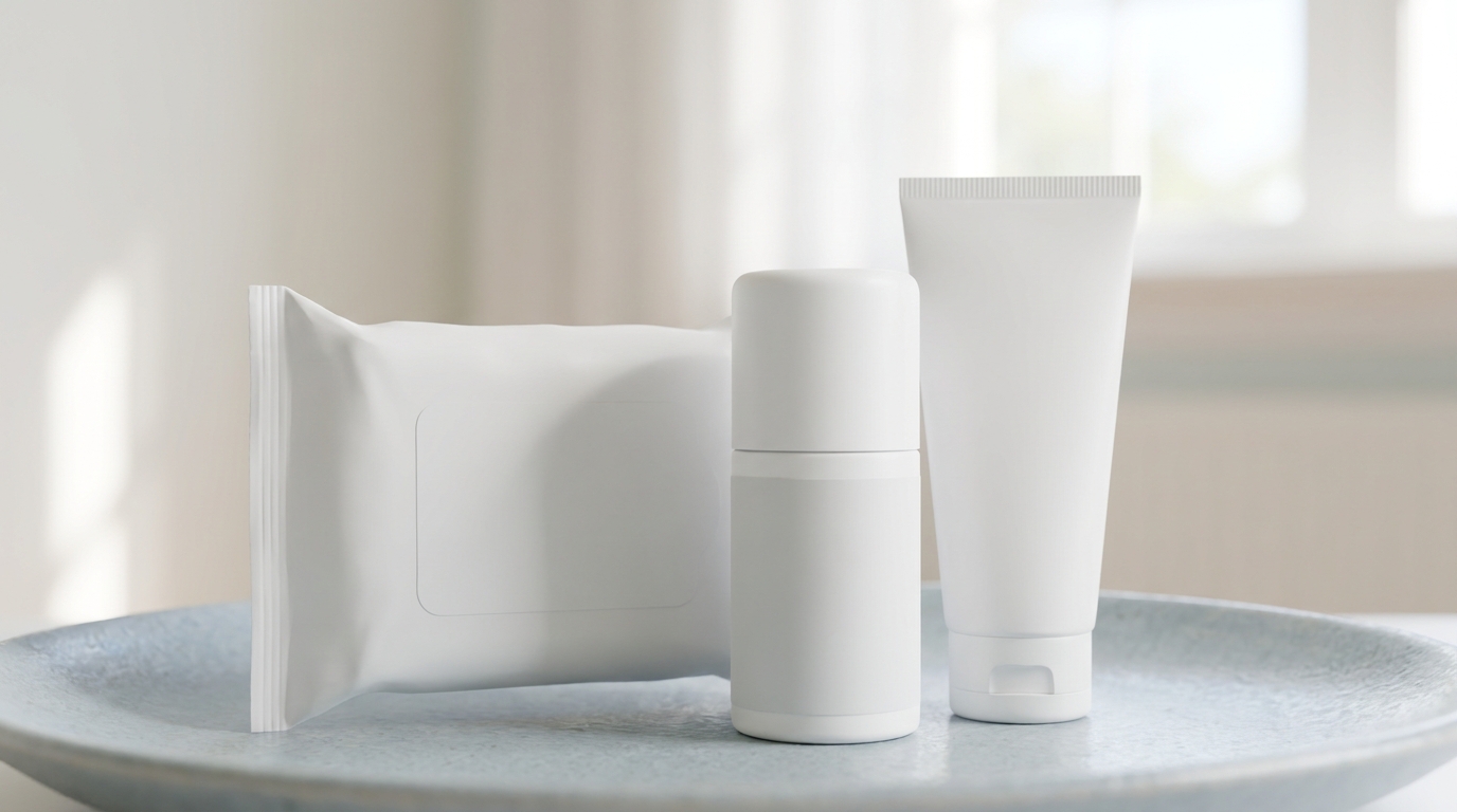 Weichpackung Feuchttücher, weißer Deoroller und Cremetube mit leeren Etiketten