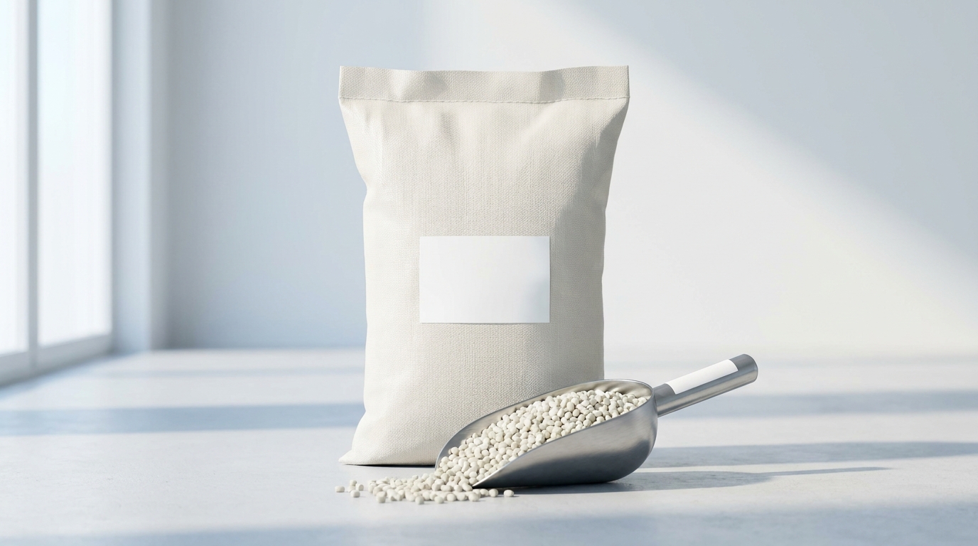 Weißer 25-Kilogramm-Sack aus Gewebe, davor eine Stahlschaufel mit cremeweißem Masterbatch-Granulat
