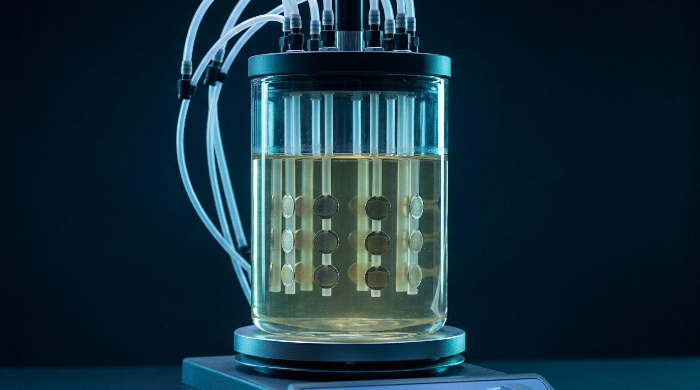 CDC-Biofilmreaktor: Glasgefäß auf Magnetrührer, acht Stäbe mit runden Prüfkörpern in Nährmedium, Schläuche