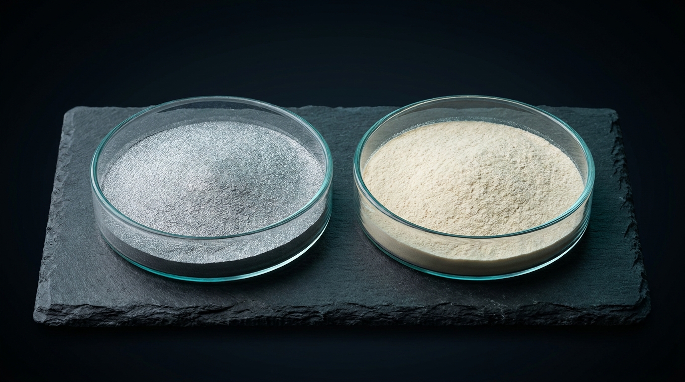 Zwei Glasschalen auf Schiefer: links feines silbergraues Metallpulver, rechts blass cremefarbenes Biopolymer-Pulver