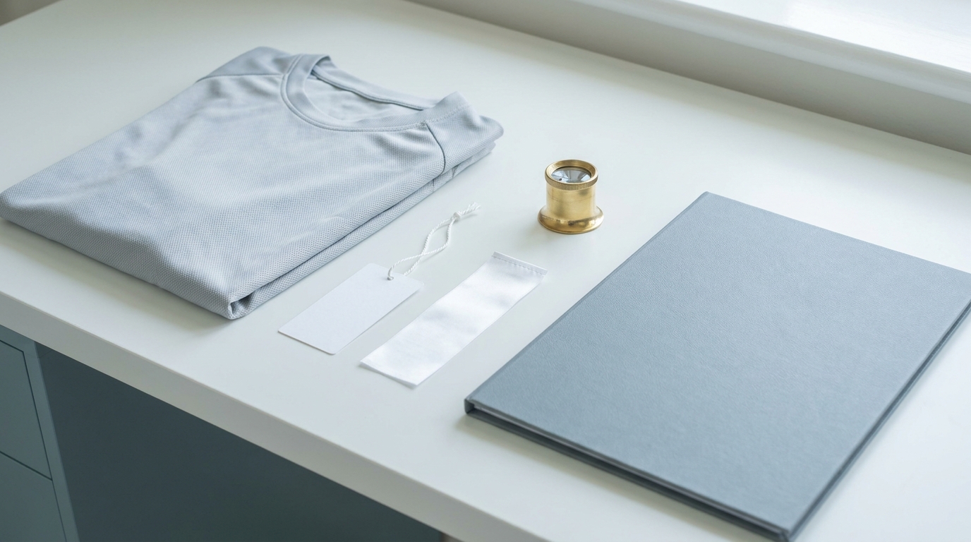 Prüfplatz mit gefaltetem Funktionsshirt, leerem Hängeetikett, leerem Pflegeetikett, Messinglupe und grauer Mappe