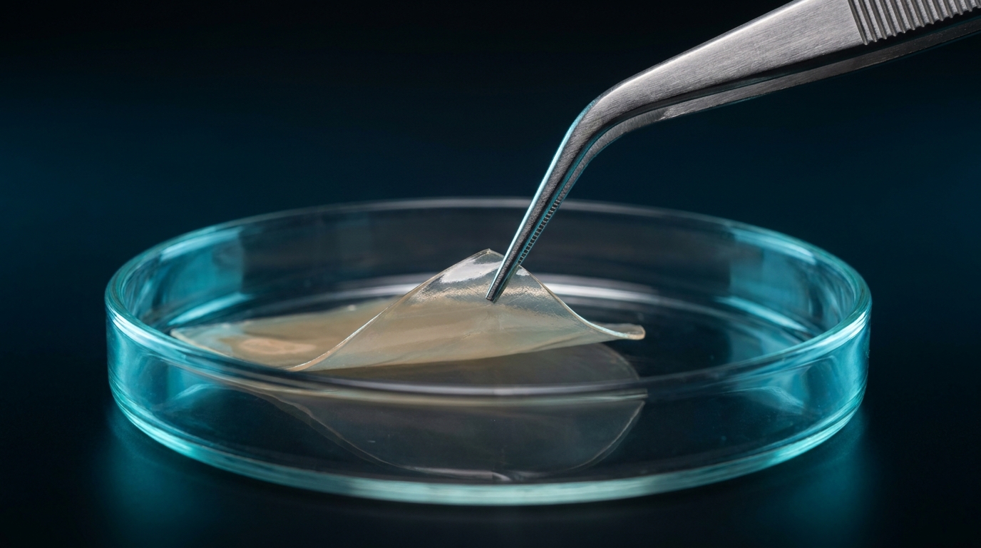 Dünner, transparent-gelblicher Chitosan-Film wird mit einer Pinzette von einer Glasplatte gehoben, Licht fällt hindurch