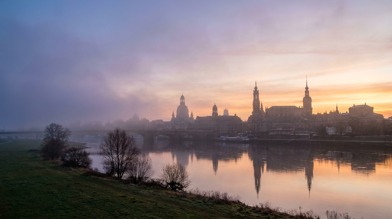 Altstadt von Dresden mit der Kuppel der Frauenkirche im Morgendunst, gesehen vom anderen Elbufer