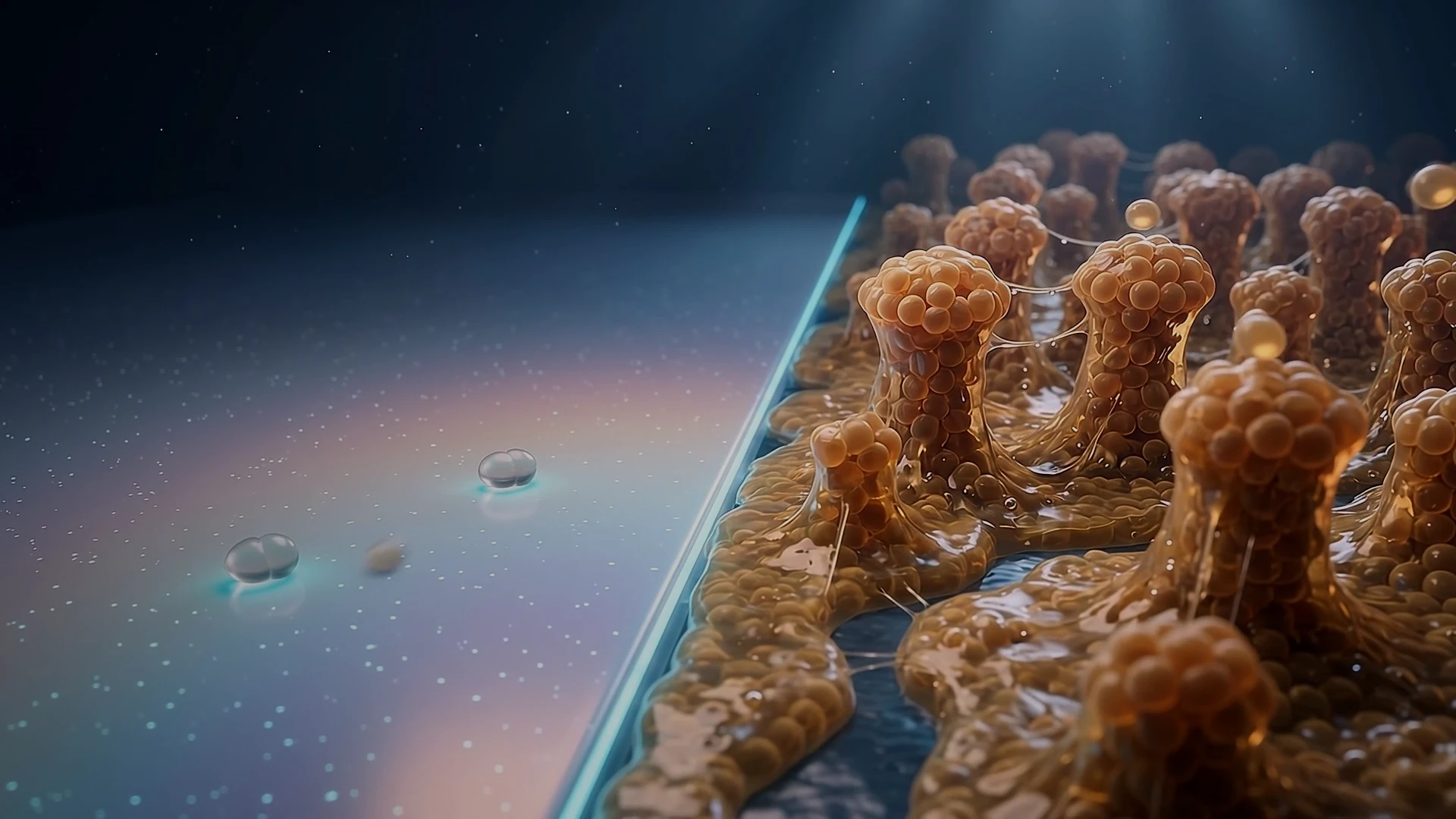 Modell: links eine beschichtete, saubere Oberfläche, rechts ein Biofilm aus Bakterienkolonien, getrennt durch eine leuchtende Linie.