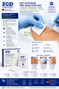 ZCP Chitosan Pre-Injection Pad – Alkohol-frei, hautfreundlich, natürlich, antimikrobieller Schutz, ideal für Injektionen, Blutabnahmen und Impfungen