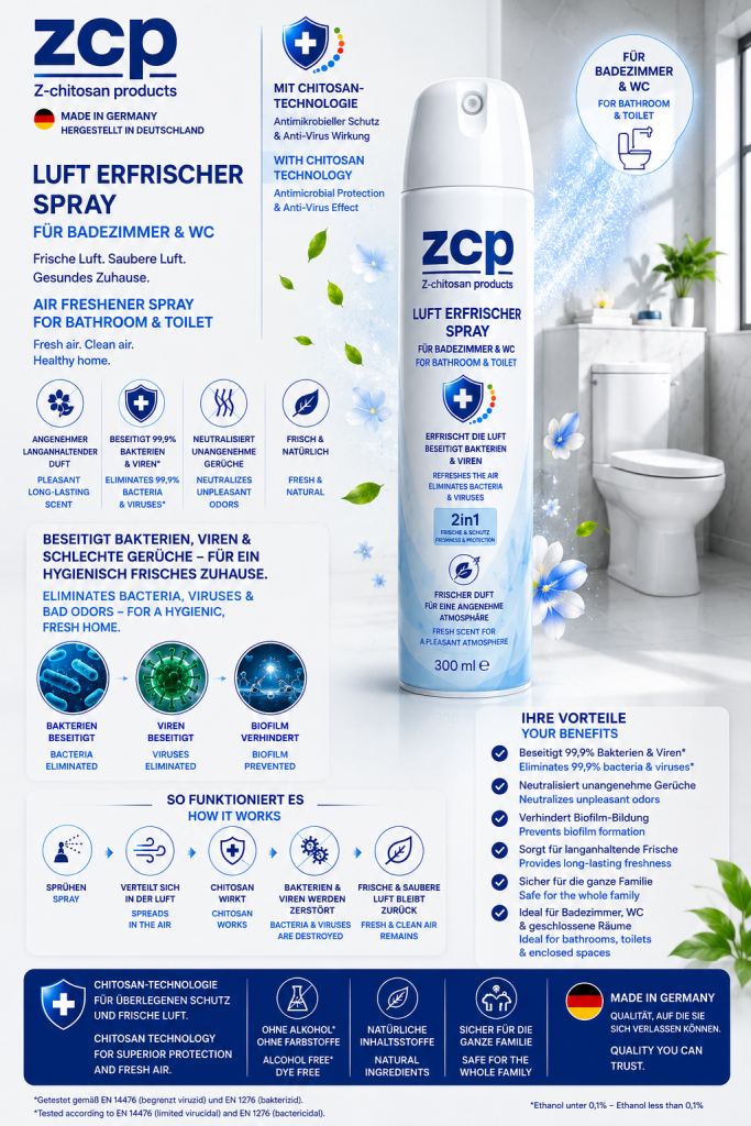 ZCP Lufterfrischer Spray für Badezimmer und WC mit Chitosan-Technologie – antibakterieller Lufterfrischer zur Beseitigung von Bakterien, Viren und unangenehmen Gerüchen für langanhaltende Frische.