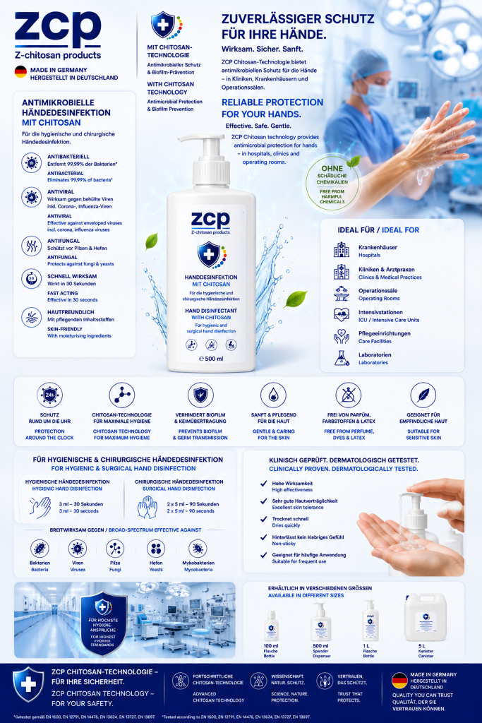 ZCP Händedesinfektionsmittel mit Chitosan-Technologie – antimikrobielles Desinfektionsmittel für hygienische und chirurgische Händedesinfektion, wirksam gegen Bakterien, Viren, Pilze und Biofilme.