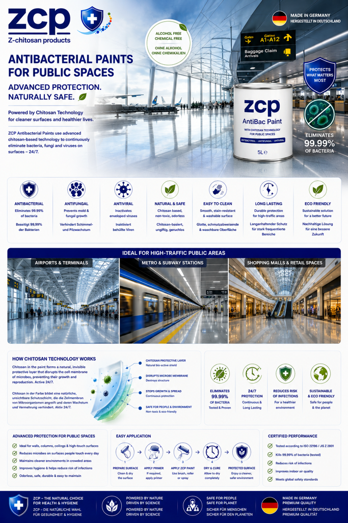 ZCP Antibakterielle Farbe für öffentliche Bereiche mit Chitosan-Technologie – antimikrobielle Wandbeschichtung für Flughäfen, U-Bahn-Stationen, Einkaufszentren und stark frequentierte öffentliche Räume.