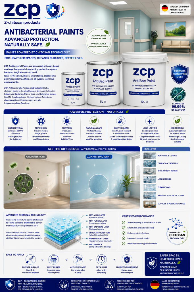 ZCP Antibakterielle Farben und Epoxidharz-Bodenbeschichtungen mit Chitosan-Technologie für Krankenhäuser, Reinräume, Labore und sterile Gesundheitsbereiche.