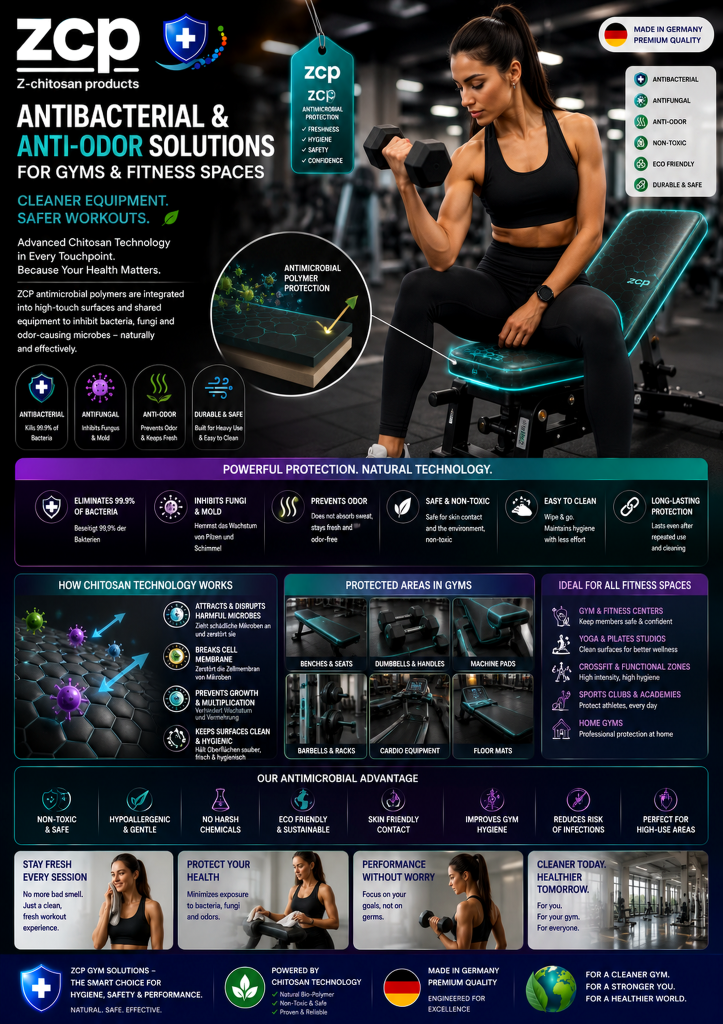 ZCP Antibakterielle und geruchshemmende Lösungen für Fitnessstudios mit Chitosan-Technologie – antimikrobieller Schutz für Fitnessgeräte, Bänke, Matten und Trainingsbereiche.