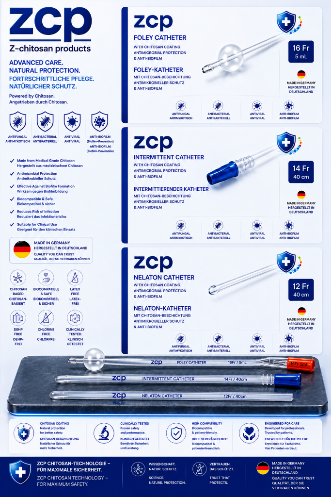 ZCP Foley-, Intermittierende- und Nelaton-Katheter mit Chitosan-Beschichtung – antimikrobielle, antivirale und Anti-Biofilm-Katheter aus Deutschland.