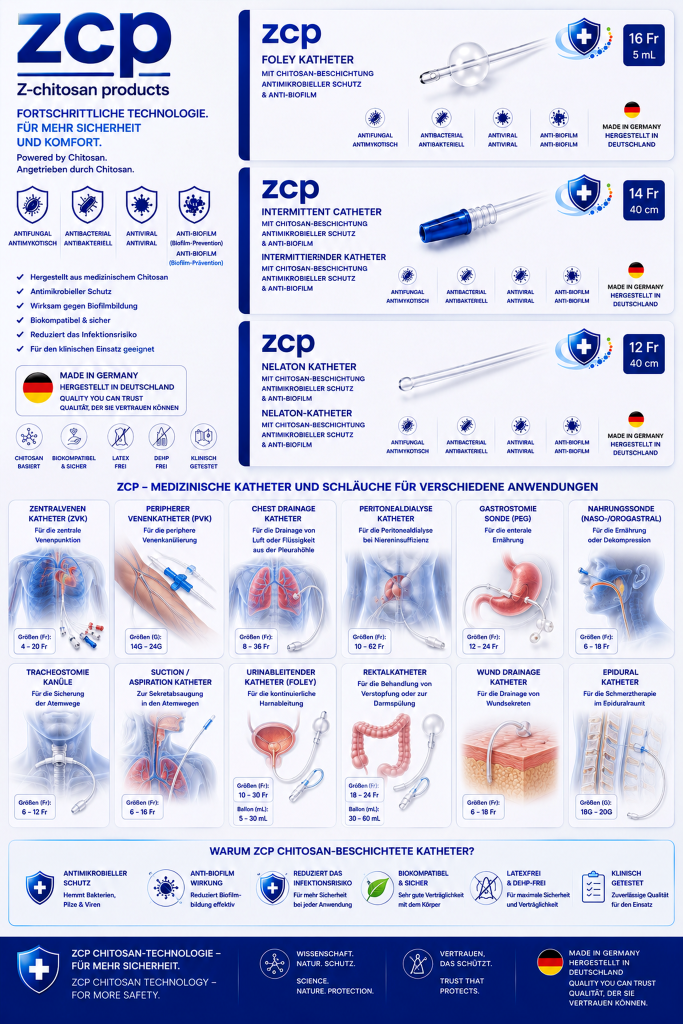 ZCP Chitosan-beschichtete medizinische Katheter und Schläuche – antimikrobielle, antivirale und Anti-Biofilm-Katheter für Urologie, Atemwegstherapie, Dialyse, Drainage und klinische Anwendungen.