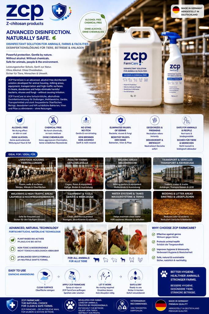ZCP FarmCare alkoholfreies Desinfektionsmittel für Tiere, landwirtschaftliche Betriebe und Stallanlagen – wirksam gegen Bakterien, Viren und Pilze, sicher für Tierhaltung und Landwirtschaft.