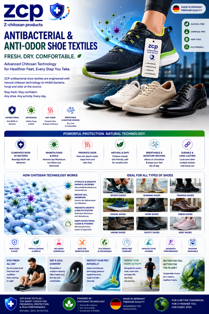 ZCP Antibakterielle und geruchshemmende Schuhtextilien mit Chitosan-Technologie – atmungsaktive, feuchtigkeitsregulierende und geruchsresistente Schuhmaterialien für Sport-, Arbeits- und Freizeitschuhe.