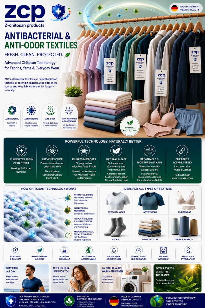 ZCP Antibakterielle und geruchshemmende Textilien mit Chitosan-Technologie – antimikrobielle, atmungsaktive und geruchsresistente Stoffe für Bekleidung, Unterwäsche, Sportbekleidung, Socken und Heimtextilien.
