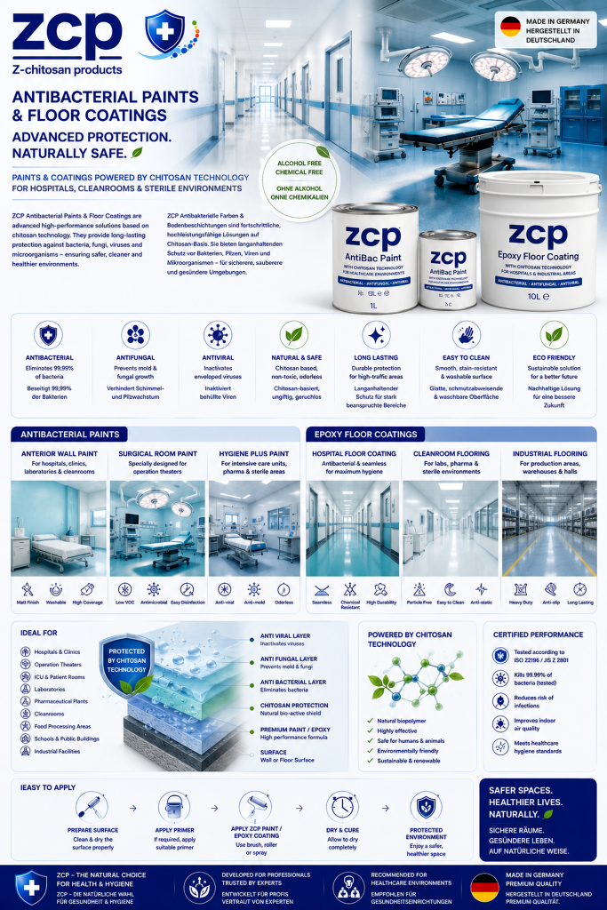ZCP Antibakterielle Farben und Epoxidharz-Bodenbeschichtungen mit Chitosan-Technologie für Krankenhäuser, Reinräume und sterile Bereiche – antimikrobieller, antimykotischer und antiviraler Oberflächenschutz.